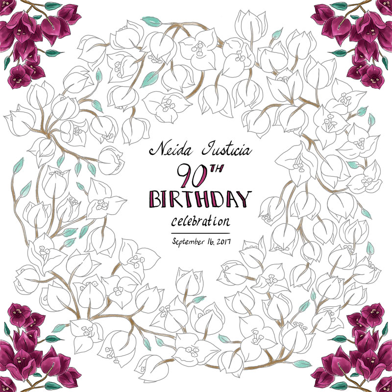 Scrapbook page with line drawings of bougainvillea flowers wishing someone a happy birthday